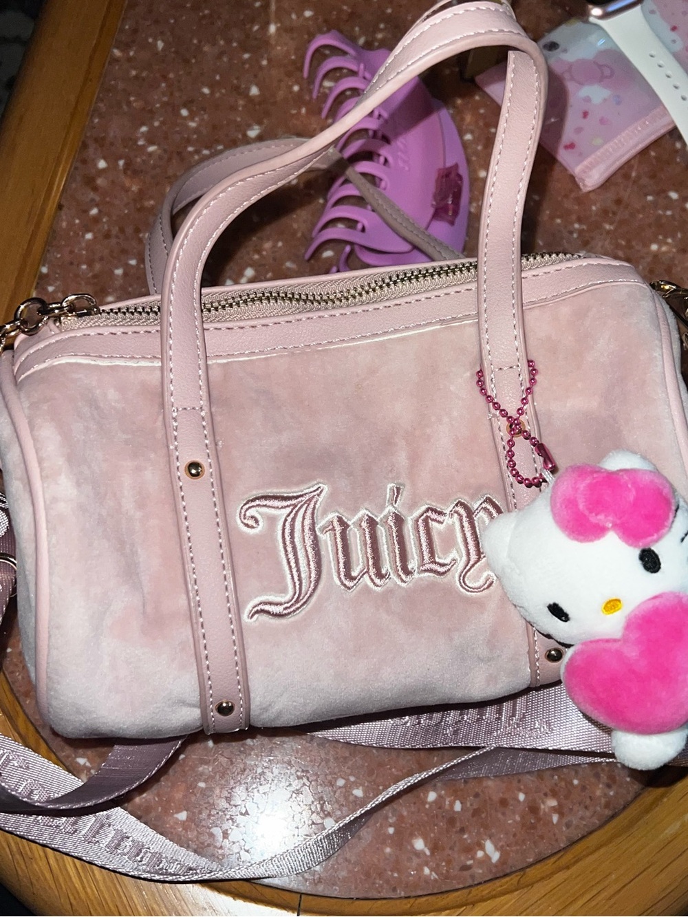 Juicy Couture Pink Suede Embroidered Logo Crossbody Bag with Plush Charm